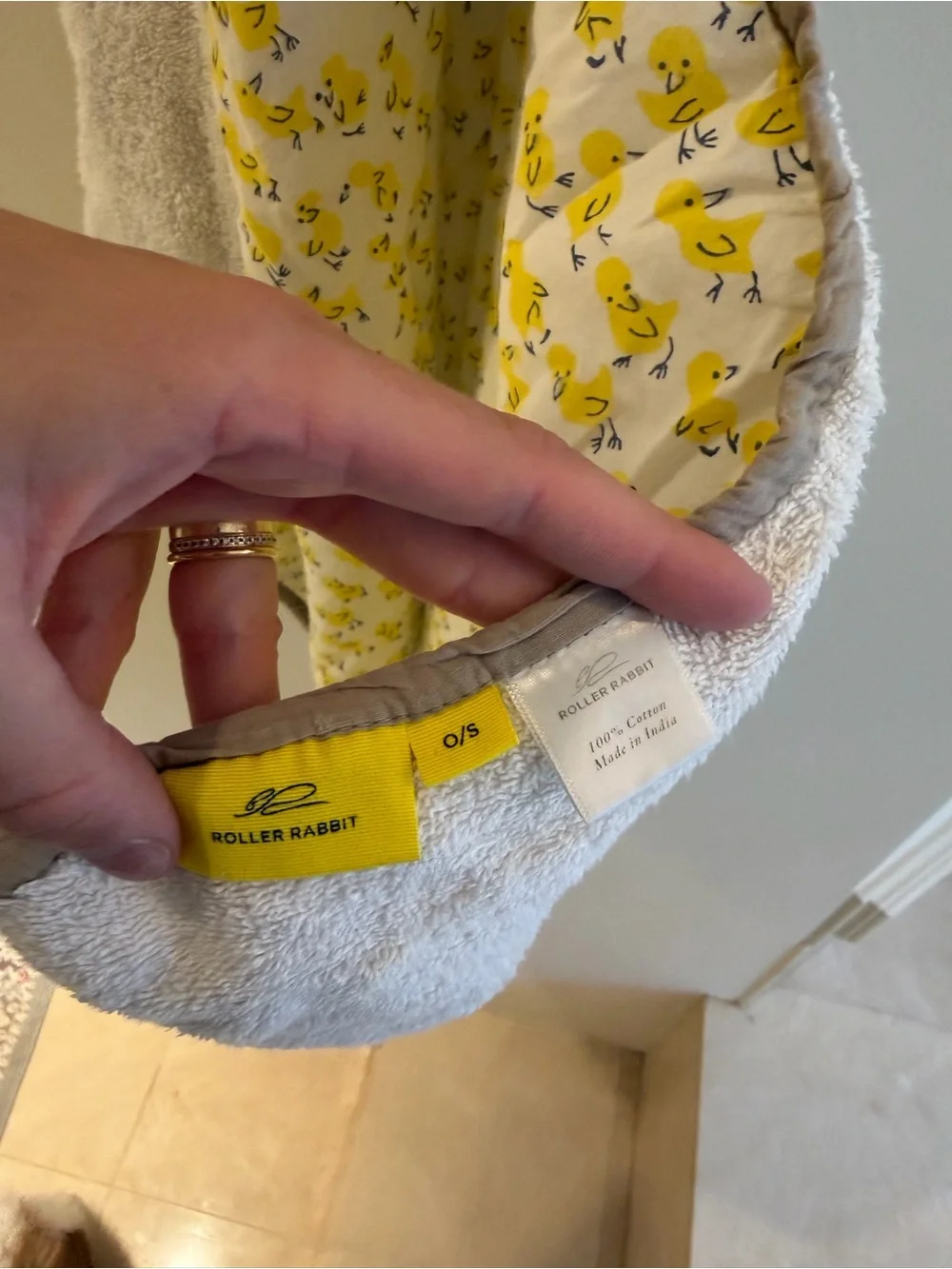 Roller Rabbit Yellow Duck Print Baby Bath Towel with Gray Trim